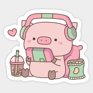 Cute Pig Gamer With Headphones and Snacks Sticker